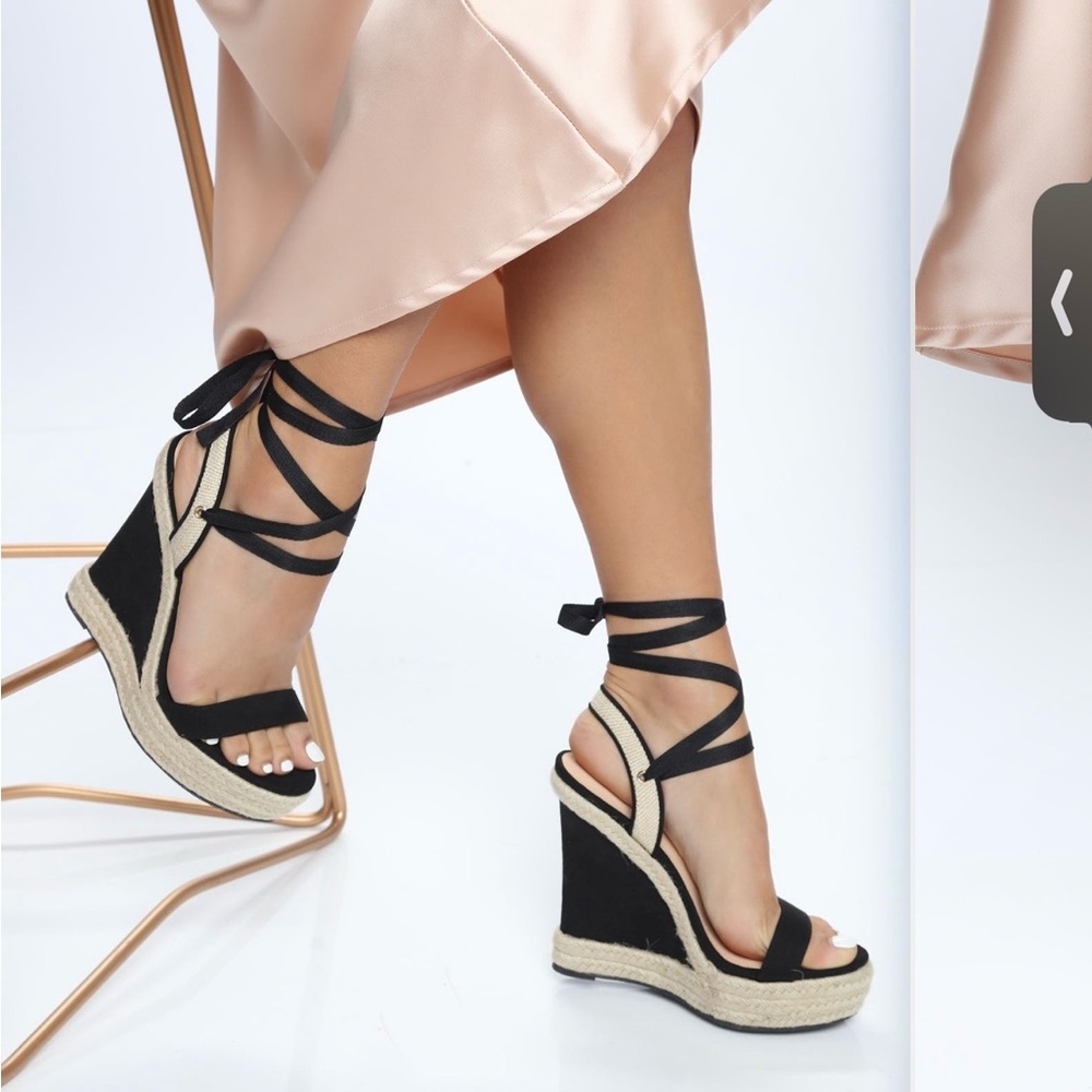 NWT Fashion Nova Black Lace-Up Espadrille Wedge Sandals